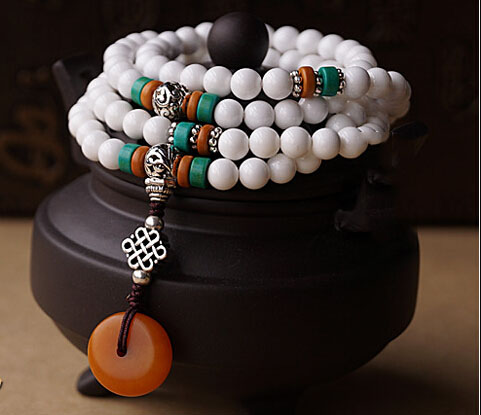 Handcraft 108 Natural 3A Grade 6MM White Tridacna Turquoise Beads With Yellow Amber Pendant Tibetan Silver Bracelet